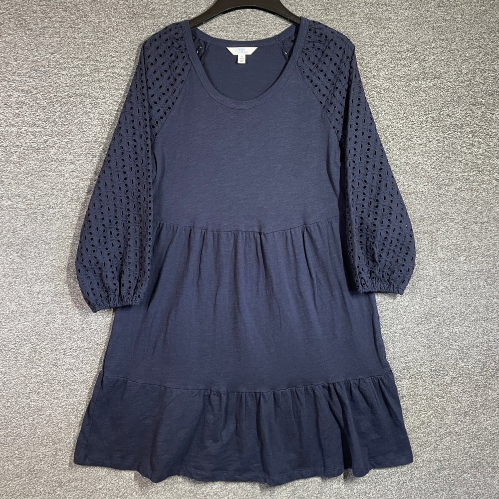 Time and Tru Dress Navy Blue Eyelet Sleeve Tiered Cotton Mini Small 4-6
